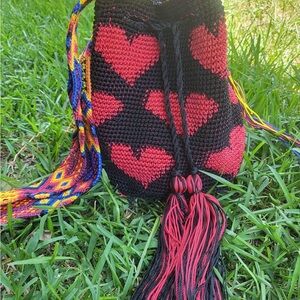 Handcrafted Red and Black Heart Pattern Bag